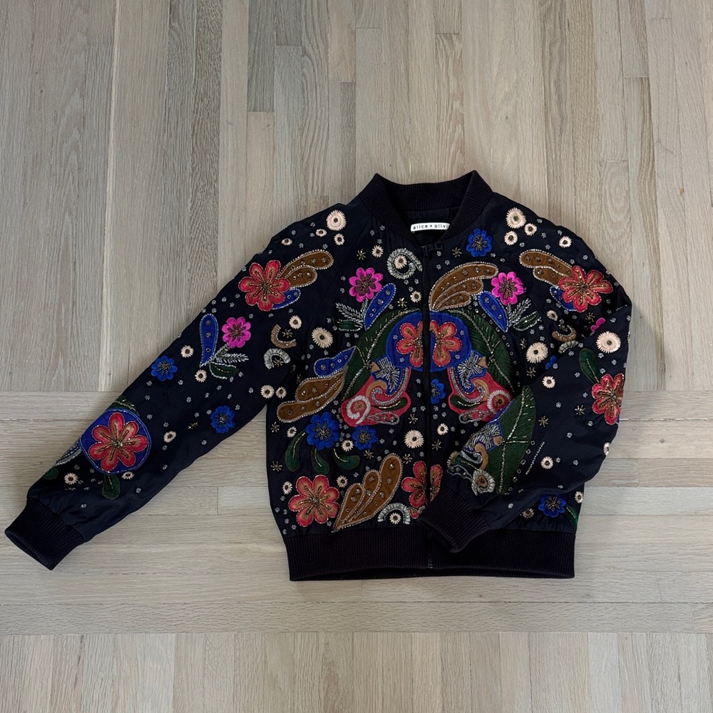 Alice + Olivia Multicolor Embroidered Bomber Jacket